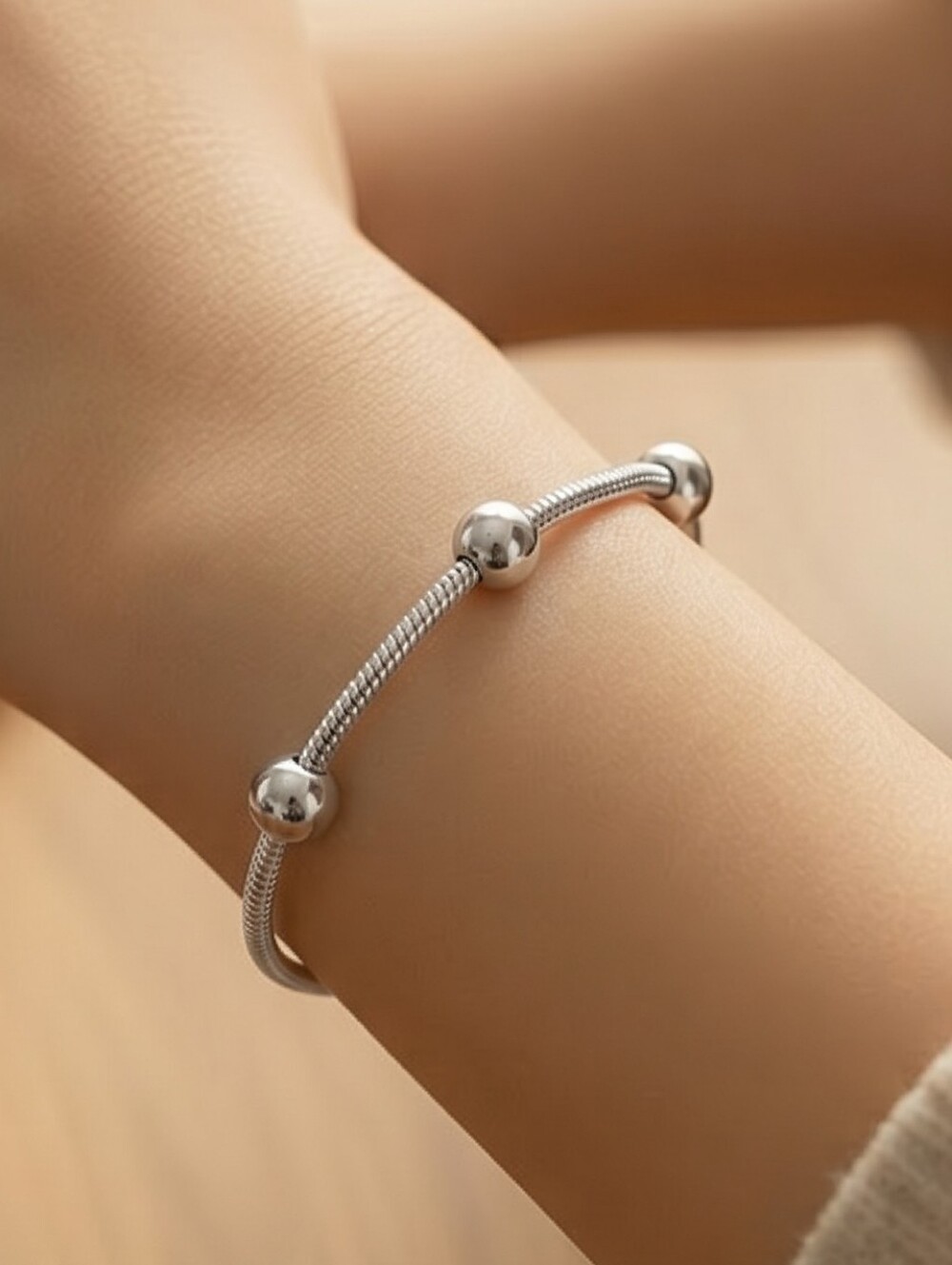 Silver Floating Bead Bracelet Stainless Steel Waterproof Non Tarnish 4mm Minimal